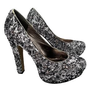 STEVE MADDEN Women's 10 Silver Sequin Platform Ultra High Pinup Heels P-Rebaa‎